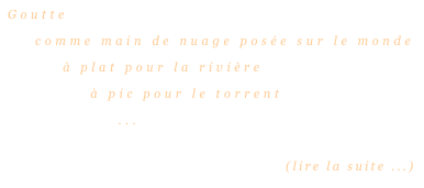 Goutte

    comme main de nuage posée sur le monde

        à plat pour la rivière

            à pic pour le torrent

                ...


                                                   (lire la suite ...)