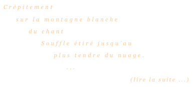 Crépitement

    sur la montagne blanche 

        du chant

            Souffle étiré jusqu’au 

                plus tendre du nuage.

                    ...

                                                   (lire la suite ...)